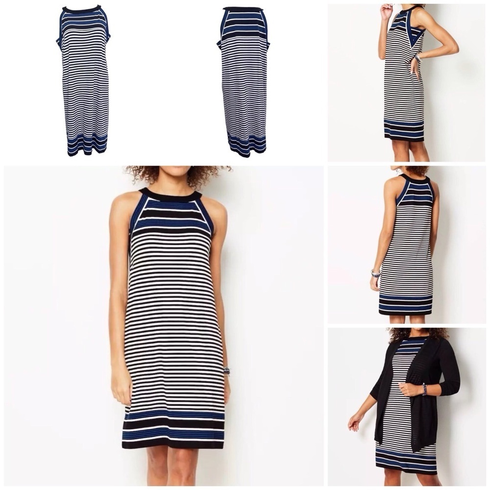 J. Jill Wearever Striped Halter Neckline Black Blue White Dress Large